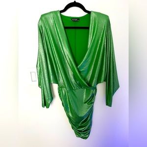 Jestoms Metallic Draped Mini Dress with shoulder pads